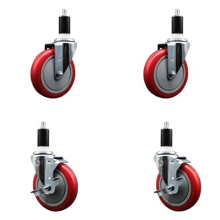 Service Caster 5'' SS Red Poly Wheel Swivel 1-3/8'' Expanding Stem Caster Set 2 Brakes, 4PK SCC-SSEX20S514-PPUB-RED-2-TLB-2-138